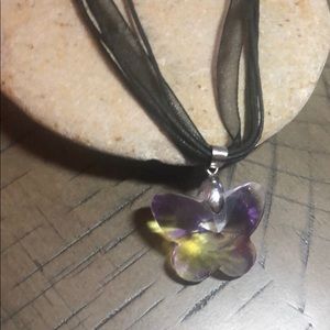 💎Glass butterfly on black lace necklace